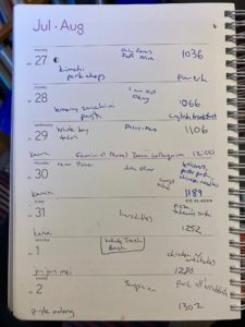 A page from a calendar with brief notes about events. From late July and early August.