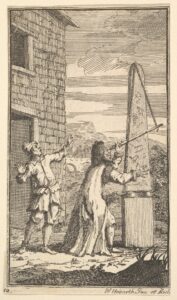 An astrologer wearing a wig looks through a telescope at the sky. The telescope is suspended by a rope from a stone obelisk. A surprised servant, arms spread wide, looks on from the left of the frame.